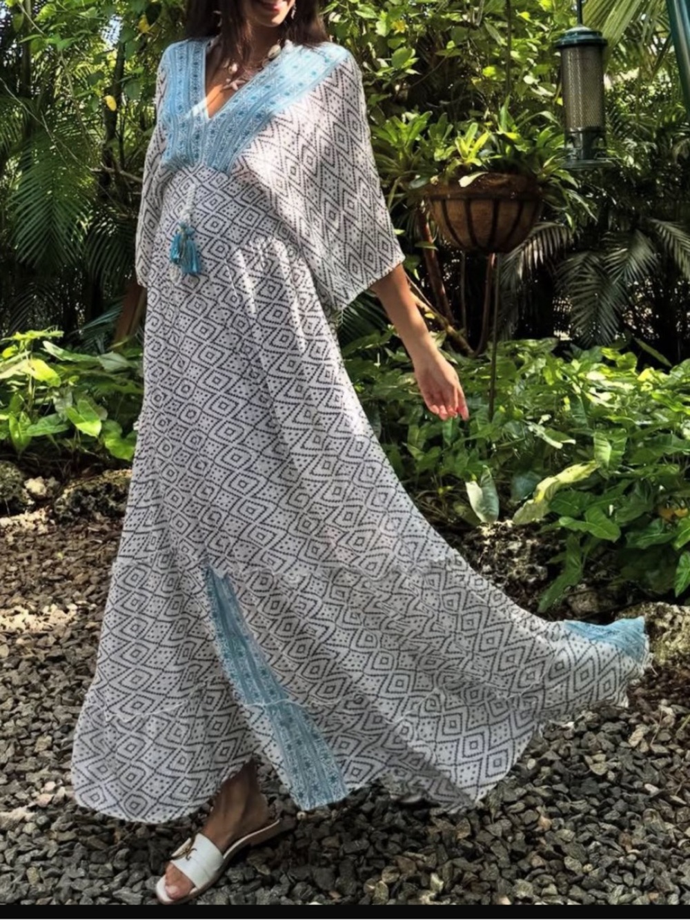 Boho Maxi Dress with Blue Trim - Flowing V-Neck
